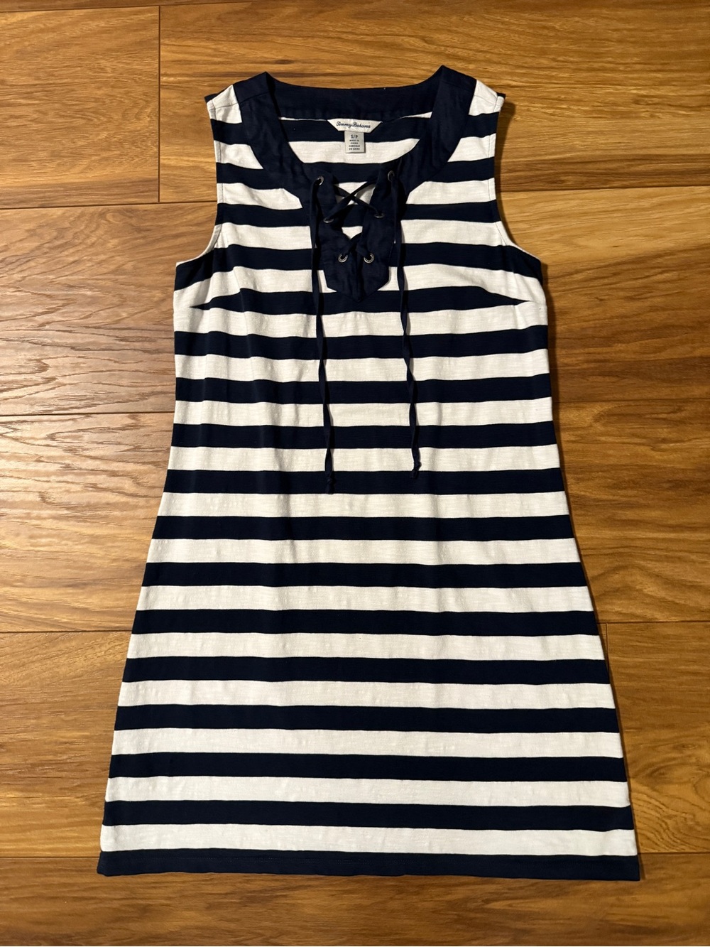 Tommy Bahama women’s sleeveless nautical stripe dress lace-up grommet neckline.